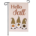 Load image into Gallery viewer, G128 Garden Flag Hello Fall Three Gnomes with Pumpkin Acorn Sunflower 12x18 Burlap Fabric