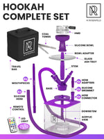 Load image into Gallery viewer, 4 Hose Hookah Set with Everything – Purple Hookah 4 Hose Complete Kit with LED Light, Remote, Silicone Hoses, Acrylic Base, and Tongs – Big Hookah Set with Accessories – Premium Sisha Hooka
