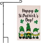 Load image into Gallery viewer, G128 Combo Pack: Garden Flag Stand Black 36 in x 16 in &amp; Garden Flag Happy St. Patrick's Day Decoration Decoration Three Leprechaun Gnomes 12x18 DoubleSided Burlap Fabric