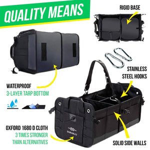 Trunk Organizer with Covering Net Attachable Non Slip Pads and Stainless Hooks Black