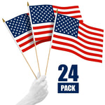Load image into Gallery viewer, G128 24 Pack Handheld American USA Stick Flags  12x18 In  Printed 150D Polyester, Country Flag, Solid Wooden Stick, Spear Gold Tip, Great for Patriotic Decorations