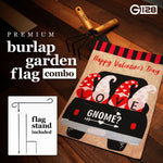 Load image into Gallery viewer, G128 Combo Pack: Garden Flag Stand Black 36 in x 16 in &amp; Garden Flag Happy Valentine's Day Decoration Love Four Gnomes in Truck 12x18 DoubleSided Burlap Fabric